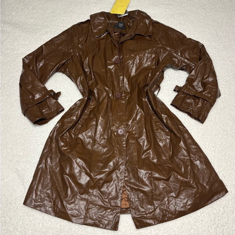 Dennis Basso Women Brown Faux Leather Midi Trench Coat